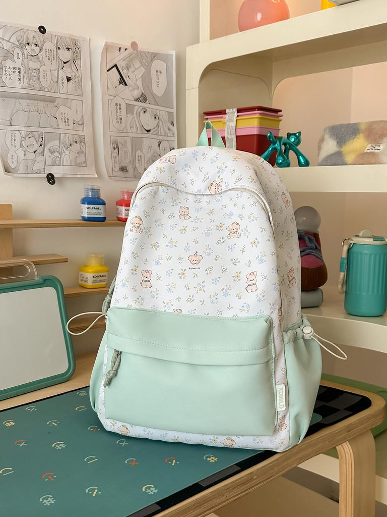 Schoolbag milky white fresh floral cute bear patchwork student backpack for students and healing style gentle bestie travel mini backpack