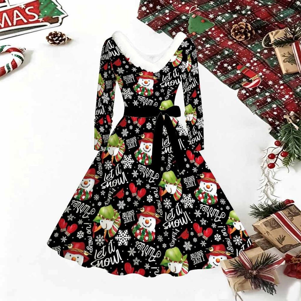 Women Christmas Print Midi Dress, Long Sleeve V‑Neck Furry Trim A‑Line Party Dress, Christmas Limited Edition