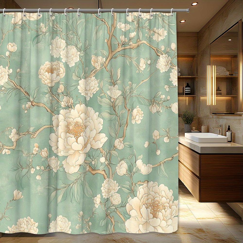 

1pc Elegant White Peonies & Pink Centers Shower Curtain - Vintage Floral Design with Large & Smaller Blossoms, Mint Green Backgr 90x180cm