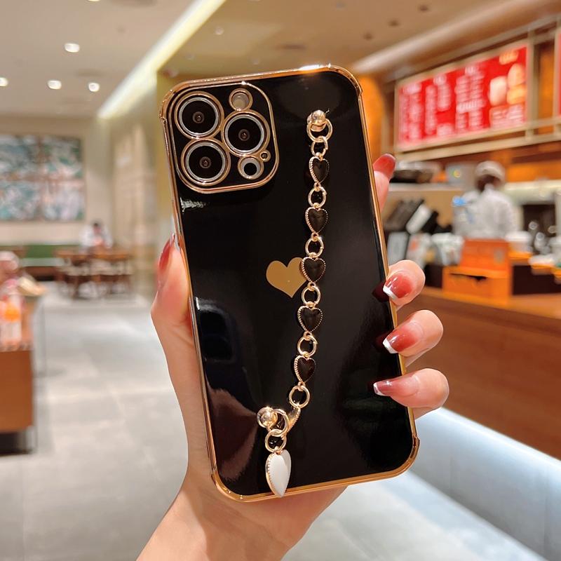 Soft Electroplated Love Heart Silicone Case For iPhone 11 12 13 Pro Max XS X XR 7 8 Plus SE  Mini Bracelet Bumper Cover