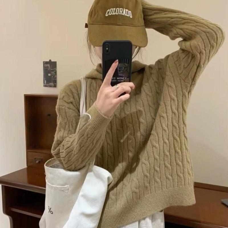 Hooded Sweater Women Autumn Winter Vintage Long Sleeve Solid Pullover Casual Thicken Knitted Solid Jumpers