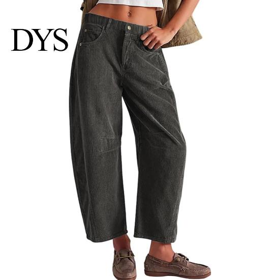 Pantaloni a coste a vita media a gamba larga da donna Vita elasticizzata Chiusura con bottone e zip Gamba larga Pantaloni casual con tasche Colore unito Pantaloni a barile