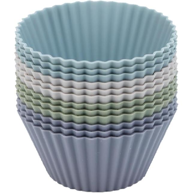Silicone Baking Muffin Cups 12 Pack, Reusable Cupcake Liners Cake Molds, BPA Free, Dishwasher Safe(White, Green, Navy, Dusty Blue)