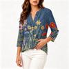 Women's Vintage Floral Print Henley Button Neck Three Quarter Sleeve Linen Cotton Blouse Casual Lightweight Shirt for Everyday Wear