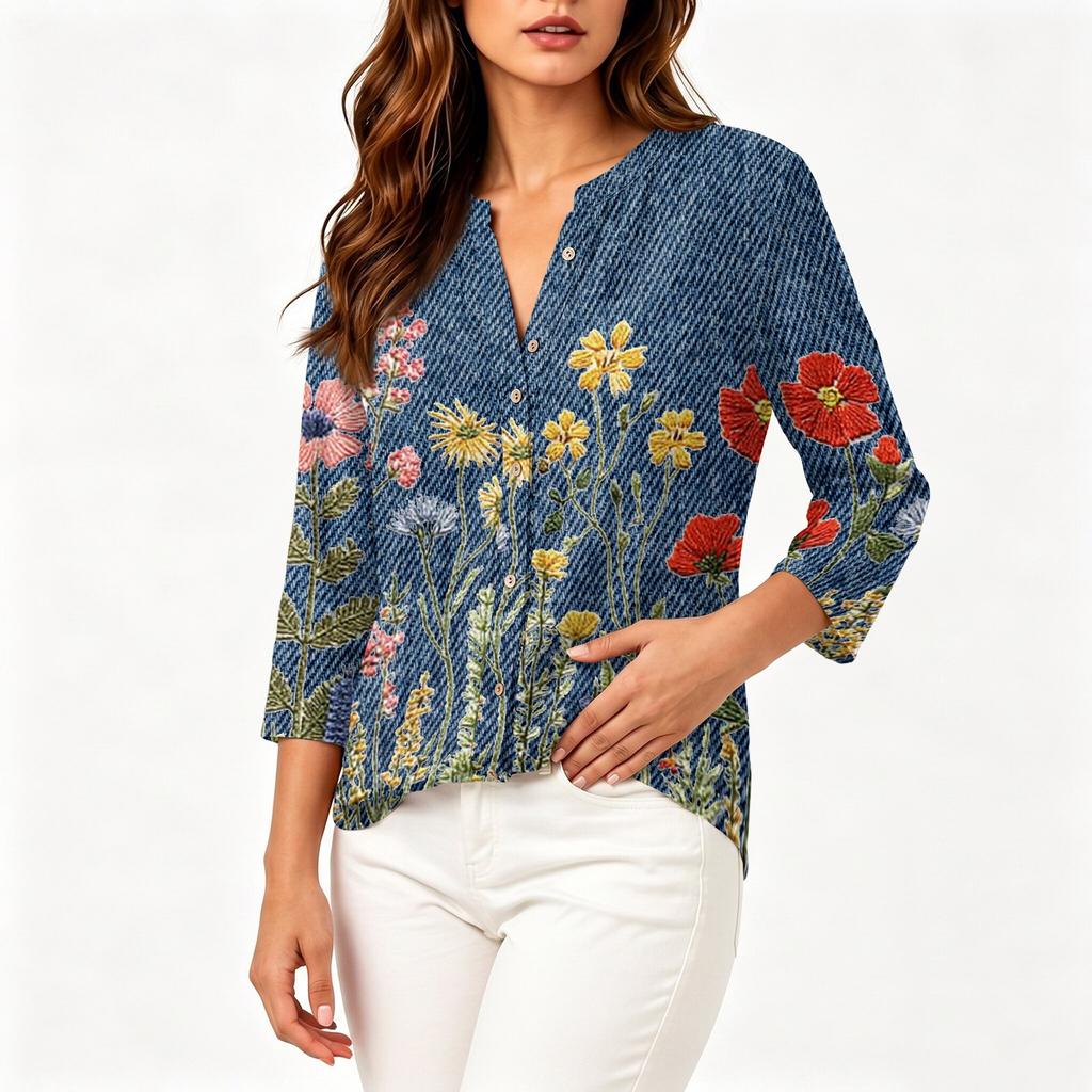 Women's Vintage Floral Print Henley Button Neck Three Quarter Sleeve Linen Cotton Blouse Casual Lightweight Shirt for Everyday Wear