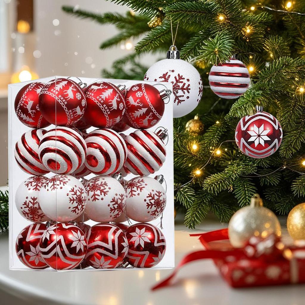 Christmas Balls 24 Pieces Red And White Ball Christmas Tree Decorations 2.36 Inch Shatterproof Pendant For Home Party