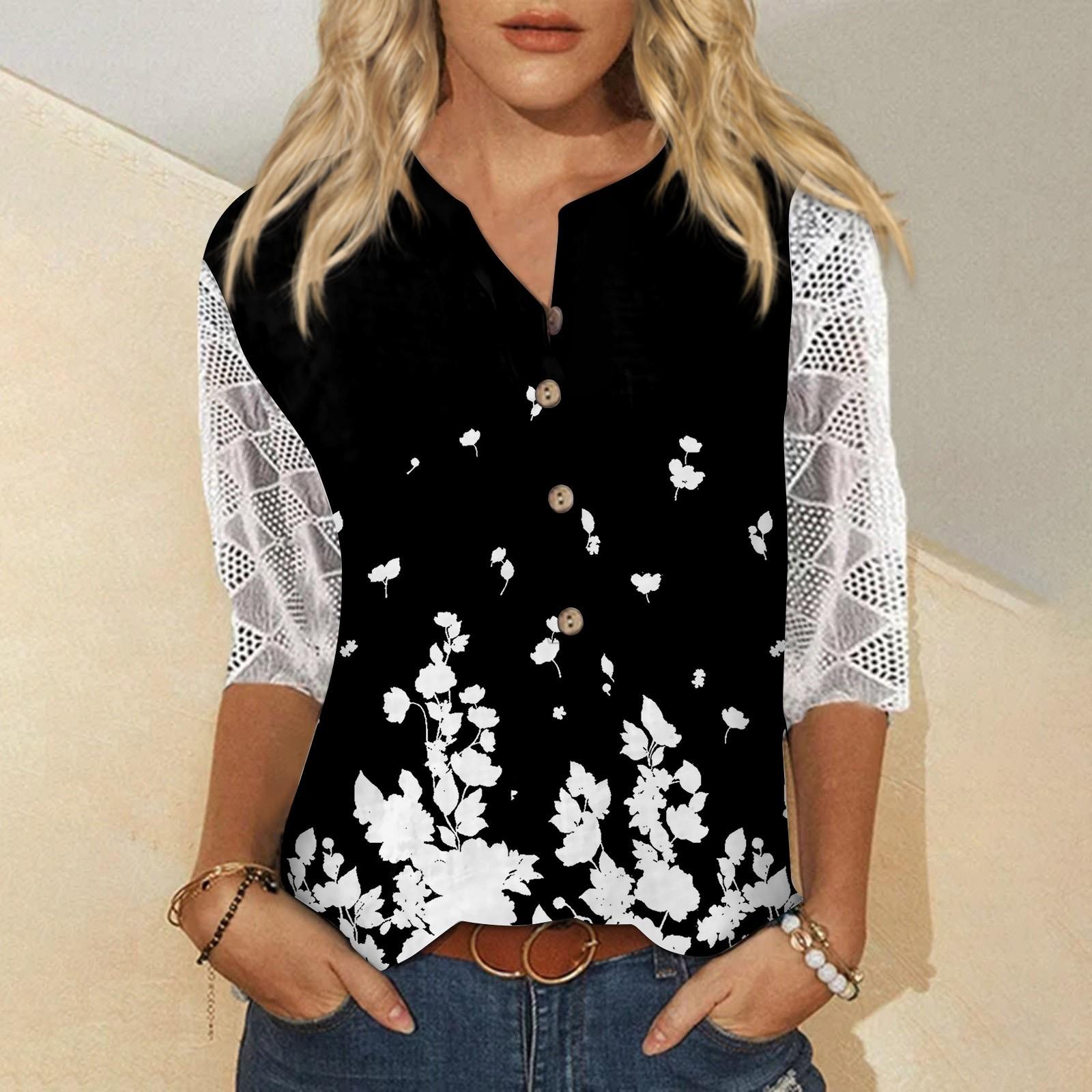 

Женские рубашки с v-образным вырезом и рукавами 3/4, кружевная повседневная блузка с принтом, свободные рабочие туники, топы XXL чёрный