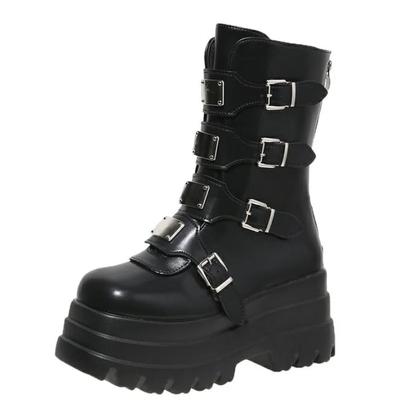 Fashion 9CM Autumn Winter Women Punk Platform Ankle Boots Thick Sole Leather Motorcycle Boots 9CM Chunky Metal Buckle Short Boots Woman