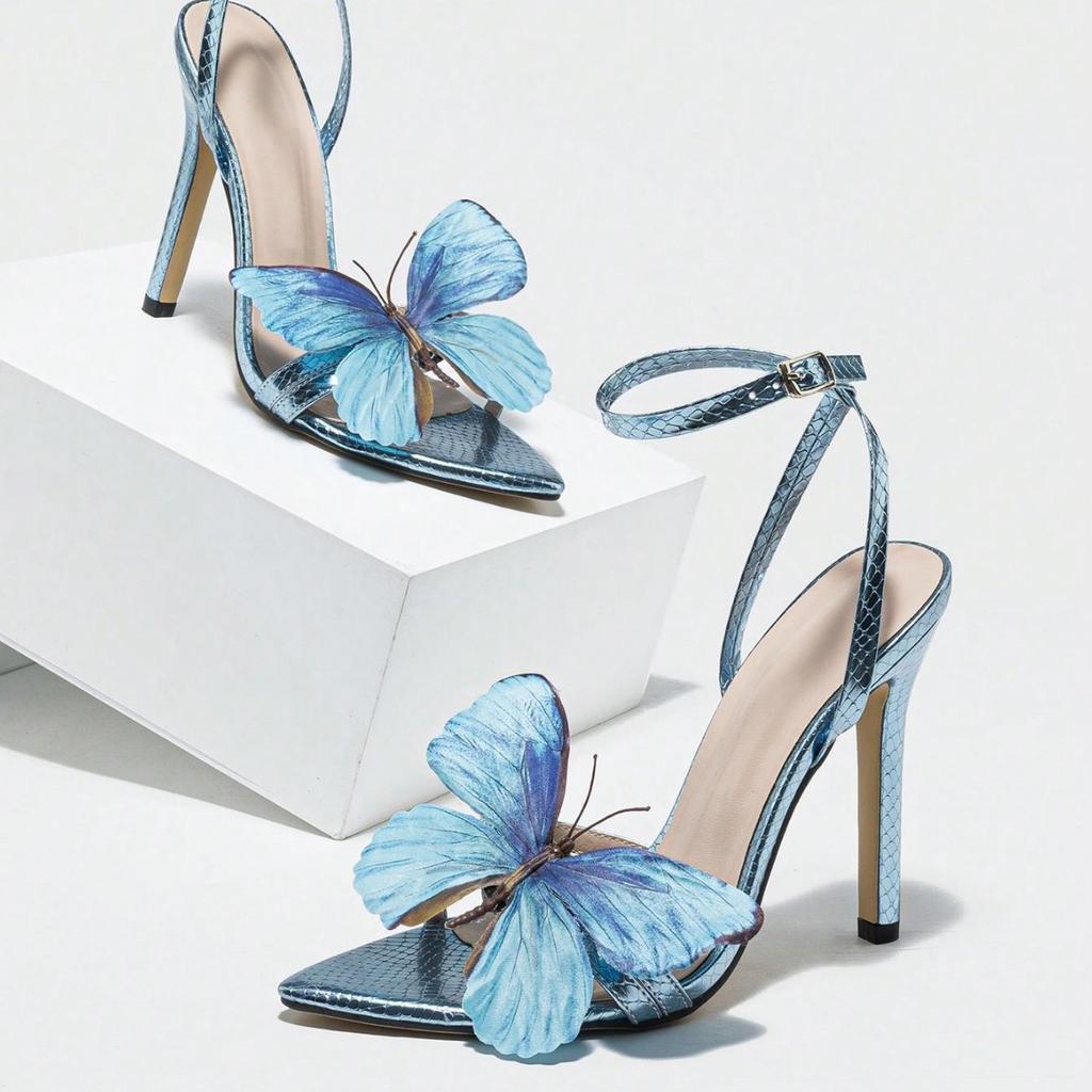 Pointed three-dimensional butterfly stiletto sandals women's shoes blue high heels