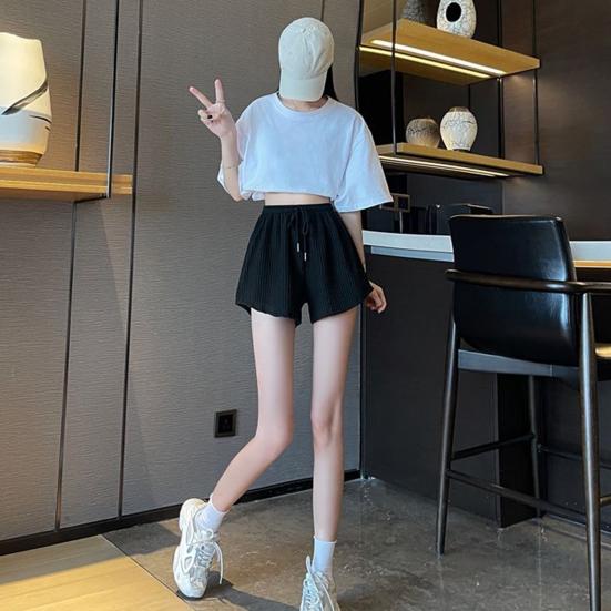 Summer Women Shorts Drawstring High Elastic Waist Loose Hem Plus Size Pocketed Pure Color A-line Thin Casual Sport Homewear Short Pants