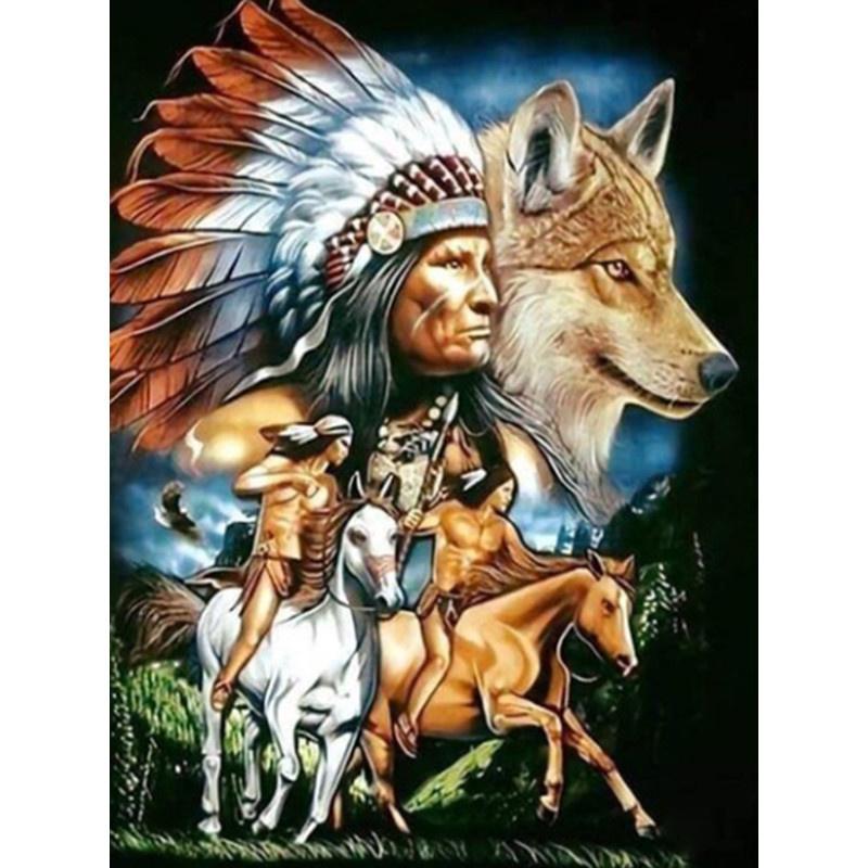 5D-Diamantgemälde zum Selbermachen, Tribal, alter Mann und Wolf, Diamant-Stickerei, Kreuzstich-Set, komplettes Strass-Mosaik, Heimdekoration