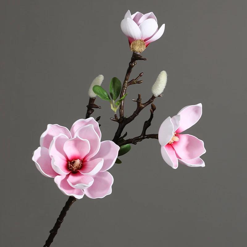 Bouquet di Magnolia Real Touch di Alta Qualità 70cm Per Composizione Floreale 3 Teste PU Fiore Artificiale Matrimonio Casa Soggiorno Decor