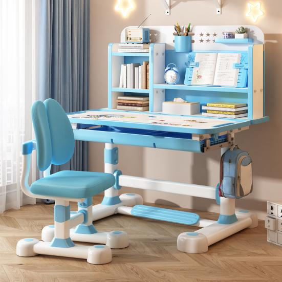 Learning Desk Chair Set 2Pcs/Set Kids Study Set, Height Adjustable Children School Table with Sitting Corrector, Ergonomic Book Stand, Foot