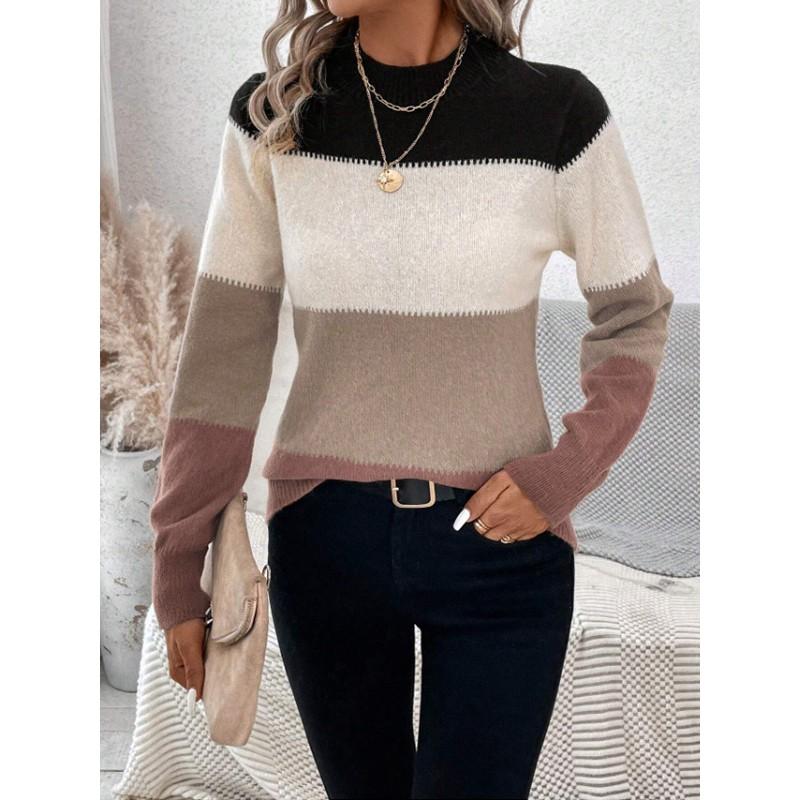 Womens Colorblock Knit Sweater Loose Fit Round Neck Long Sleeve Casual Pullover Winter