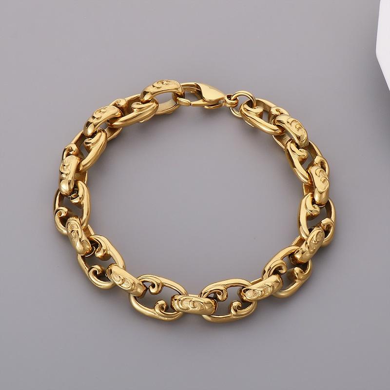 Stainless Steel Men's Bracelet Women Chunky Polished Round Chain Bracelet Gold Color Special Wave Pattern Trendy Party Jewelry
