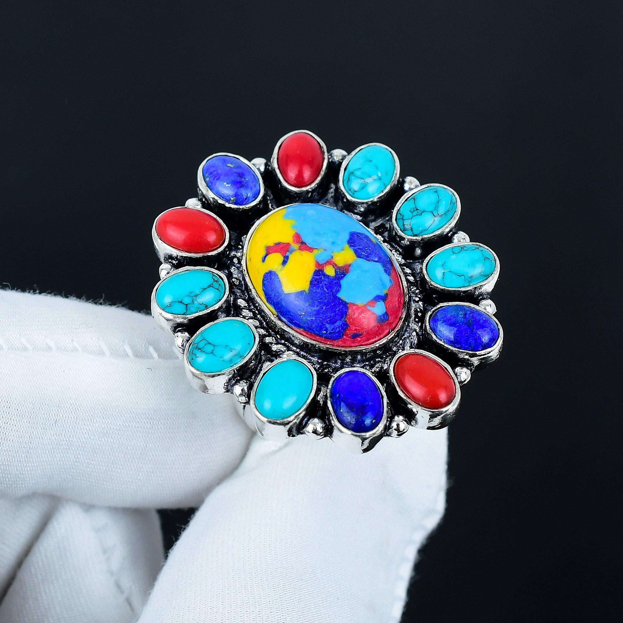 

Красивое кольцо с мозаичным яшмовым драгоценным камнем, кольцо из стерлингового серебра 925 пробы, подарок для нее, овальный камень, элегантное кольцо ручной работы, серебряное кольцо с цветком из мозаичной яшмы US 16 синий