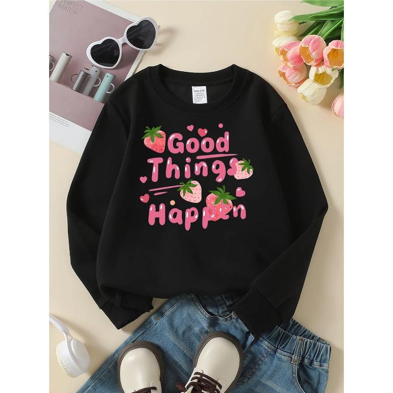 Fashionable Crewneck Sweatshirt for Girls Featuring Strawberry Hearts, Perfect for Autumn And Winter with a Western