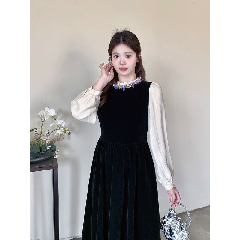 

Plus-Size Hepburn-Style Velvet Dress for Women, French-Style Autumn and Winter Black Long-Sleeve Gown Black L