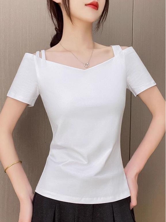 Trendy 2025 Off-Shoulder V-Neck Women's T-Shirt with Slimming Fit, Short Sleeves, and Open Back, Featuring Single/Double Shoulder Straps