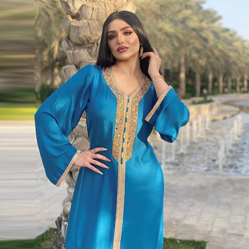 AB073 Women's Lace Abaya with Ribbon & Hot Drill Detail - Middle Eastern Fashion Robe