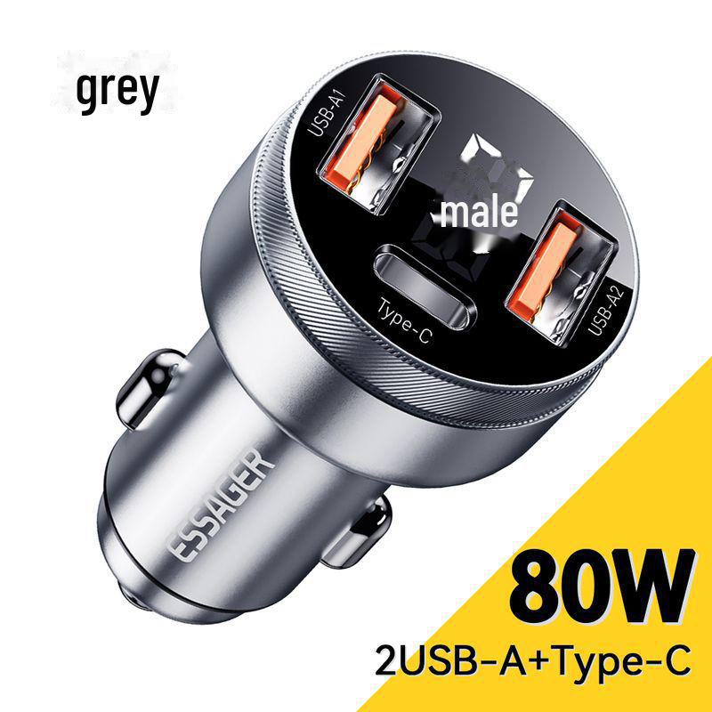 

Автомобильное зарядное устройство ESSAGER PD80W с функцией быстрой зарядки и цифровым дисплеем для ноутбуков Apple серый