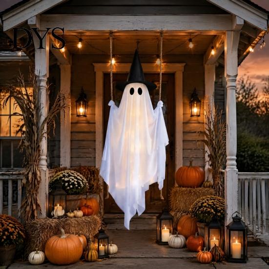 Glowing Halloween Atmosphere Prop Hanging Swing Ghost Decoration with Witch Hat, Spooky Outdoor Decor Flexible Fabric for Display String Light