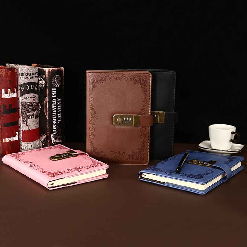 A5 Vintage PU Leather Hardcover Lock Diary Notebook 3D Password Design with Coded Lock Notebook