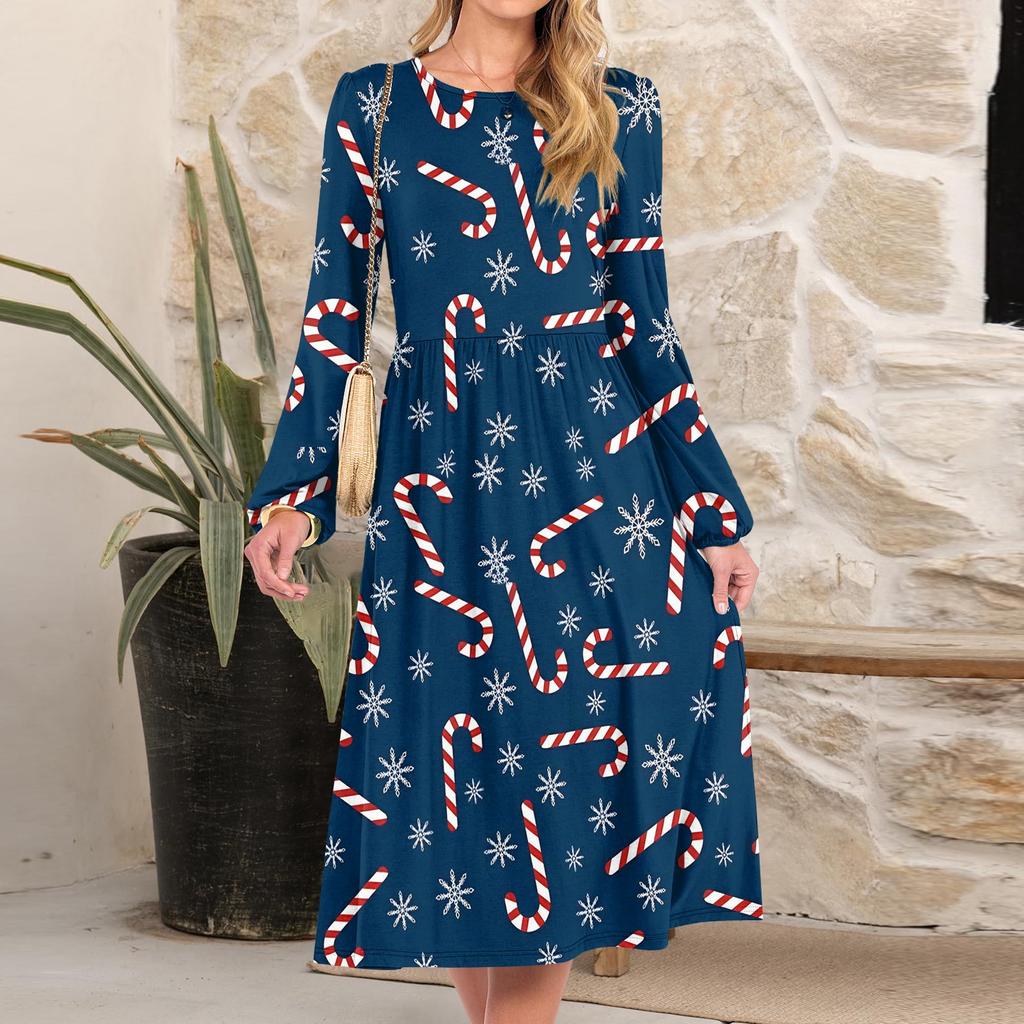 Women's Christmas Printed Fashionable Loose Round-neck Dress