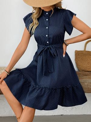 Holiday Breeze Rüschenkleid Sommer Damen Elegant Spitze Kurzarm Bindung A-Linie Kleid