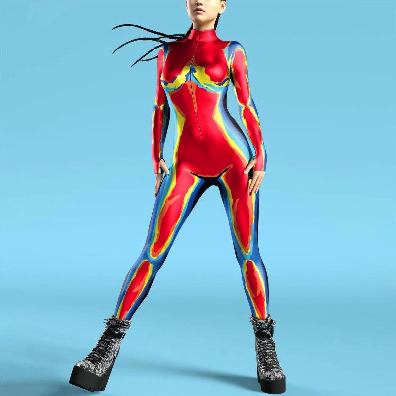 Women Jumpsuit clothing Colorful Texture 3D Print Bodysuit Thumb Sleeves Cosplay Costume Front Zipper Zentai Fitness Outfit