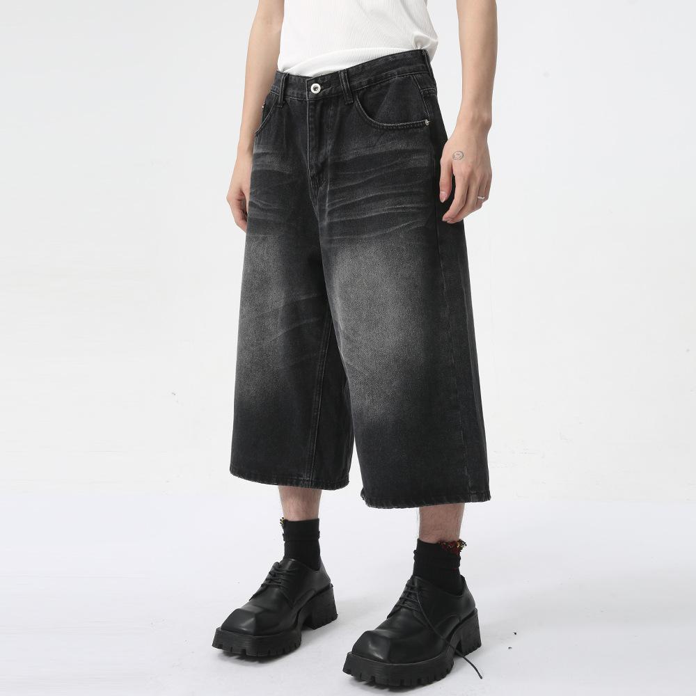 | American High Street Whitened Washed Silhouette Wide Legs Loose Seven-point Jeans