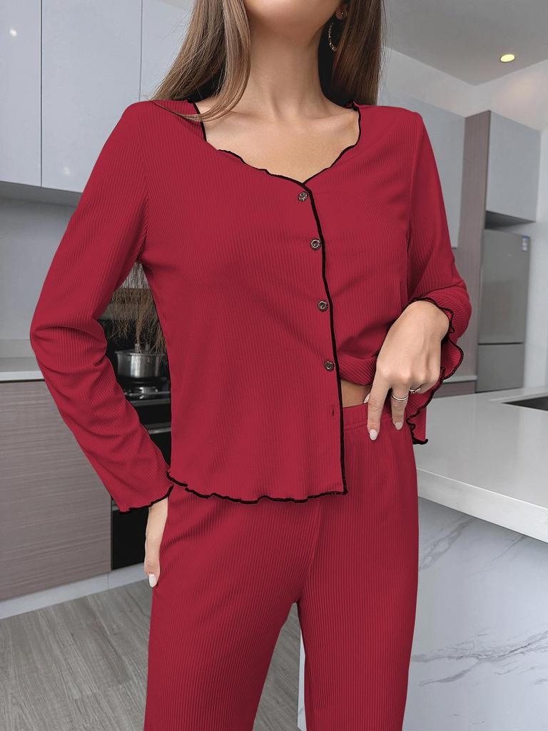 European and American Ribbed Knit Women's Pajama Set - Cardigan & Long Pants - Luxurious French Style Homewear for Autumn/Winter