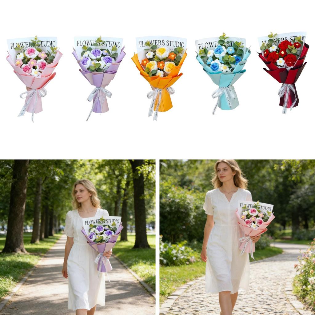 Crochet Flower Bouquet Yarn Material Knitted Floral Ornament Artificial Flowers Wreath Centerpiece for Women Anniversary Decor