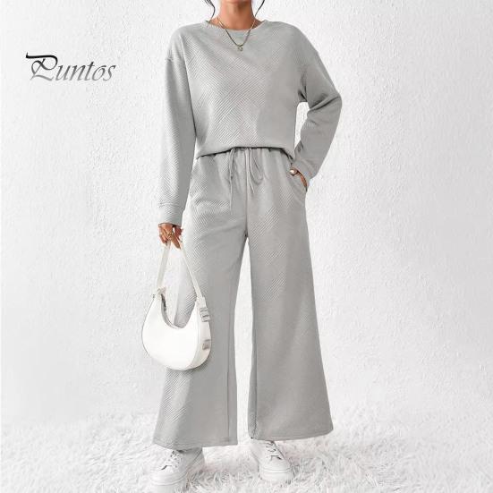 2 Pcs/Set Women Top Pants Suit Round Neck Long Sleeves Textured Solid Color Sweatshirt Elastic Waist Wide Leg Trousers Daily Wear Sport Outfit Fall