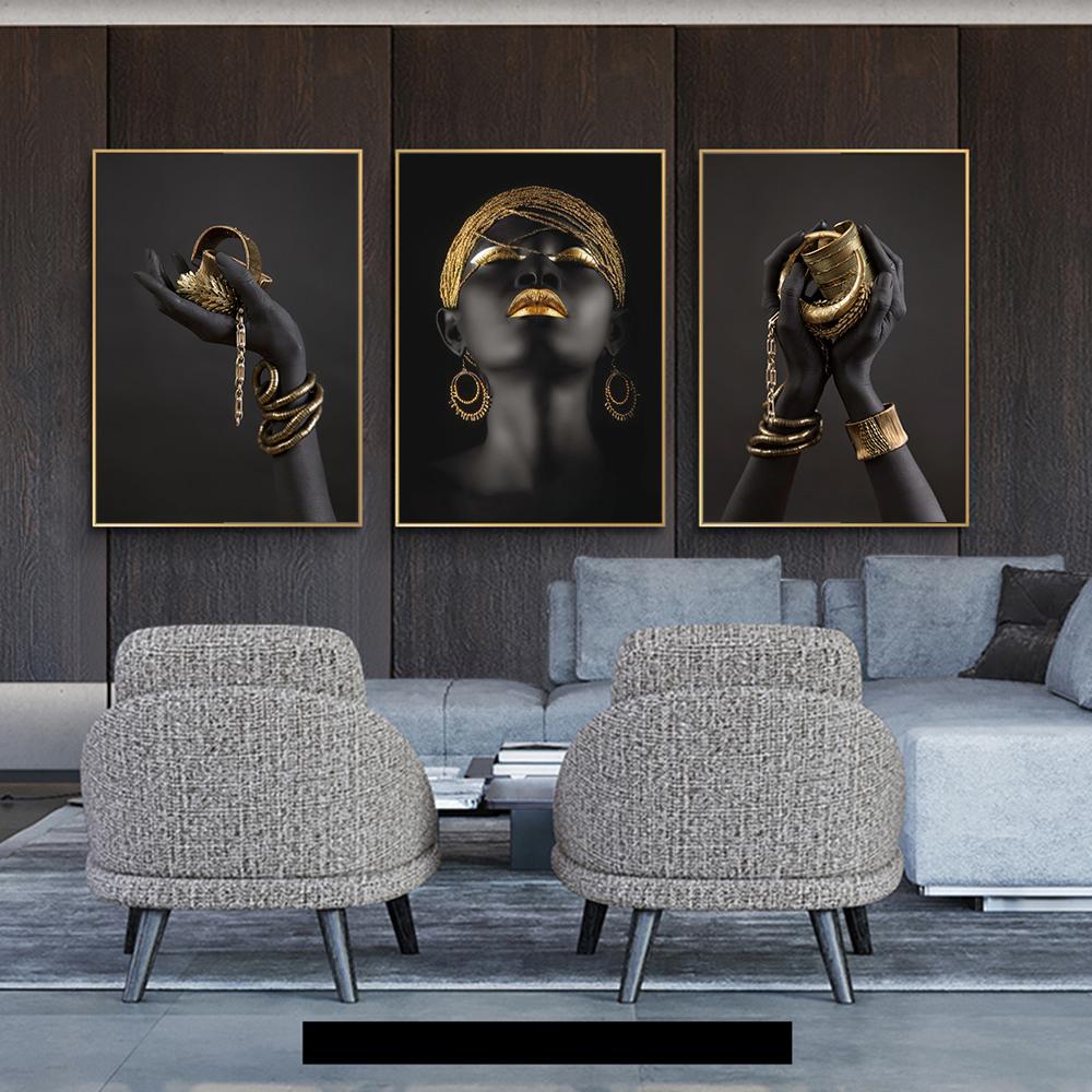 Pei-wall Art Quadro Su Tela 70x140 Cm - Donna Africana Oro E Nero, Stampa Moderna Per Soggiorno, Senza Cornice