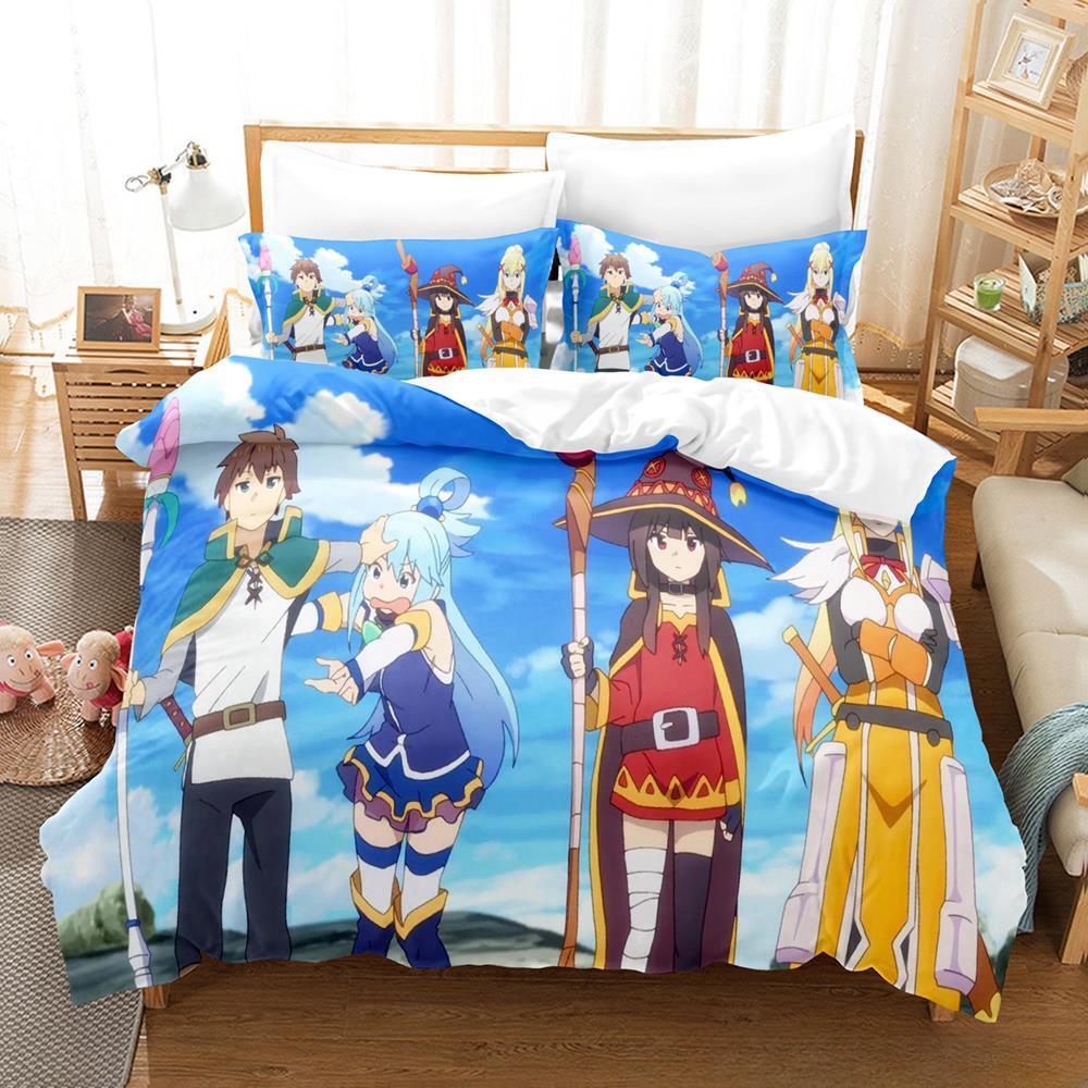 Kawaii KonoSuba Bettwäsche-Set Cartoon Anime dreiteiliges Set Erwachsene Kinder Schlafzimmer Bettbezug-Sets 3D Kawaii Mädchen King Size Bettsets