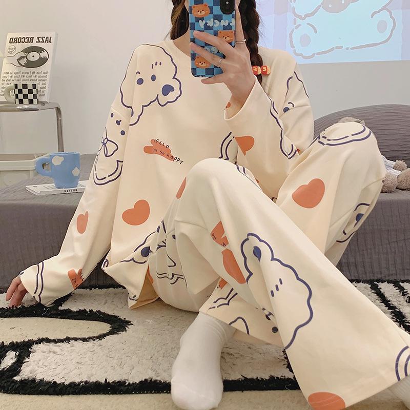 

Женский милый мультяшный пижамный комплект: Чистый хлопок, Длинный рукав, Пуловер с круглым вырезом, Весна/Осень Large