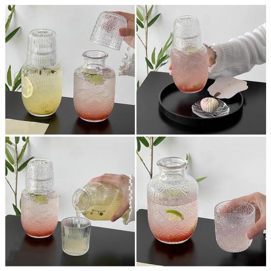 Wasserkaraffe und Glas Set Vintage Nacht Trinkbecher Set Klares Nachttischglas Saftkrug für Wasser Tee Saft