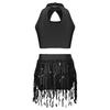 Completo Due Pezzi da Ballo con Paillettes per Ragazze Top a Scollo all'Americana con Cut-out Pantaloncini con Frange di Paillettes Outfit per Performance Jazz Latino Samba