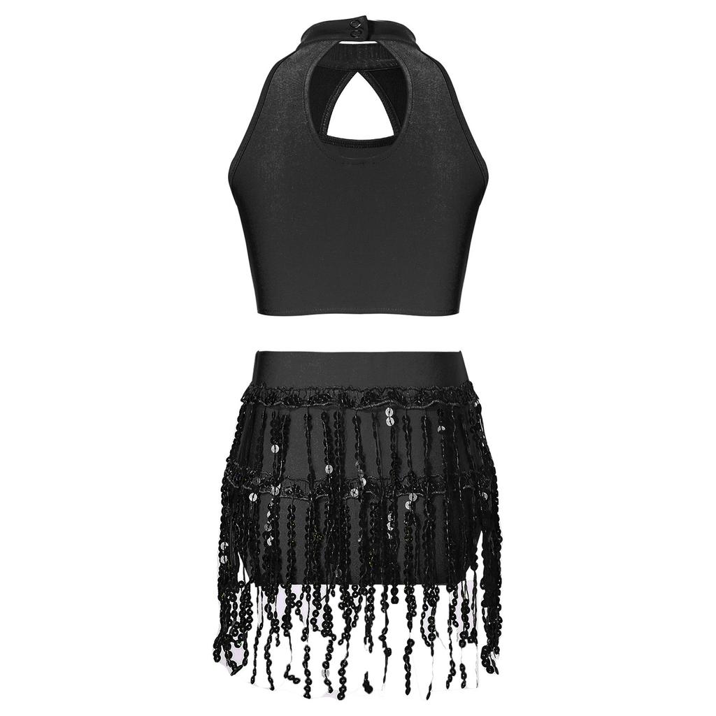 Completo Due Pezzi da Ballo con Paillettes per Ragazze Top a Scollo all'Americana con Cut-out Pantaloncini con Frange di Paillettes Outfit per Performance Jazz Latino Samba
