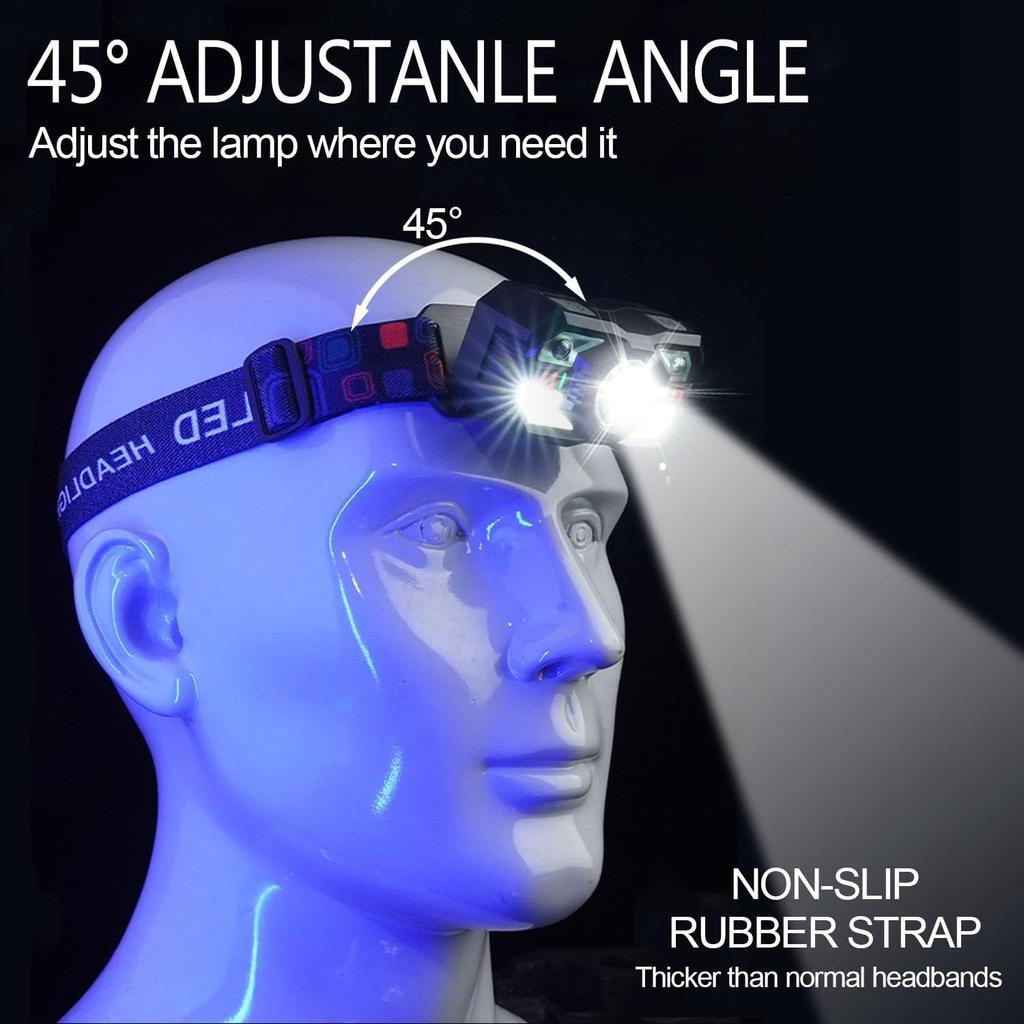 Starke Leuchte Stirnlampe Taschenlampe Wiederaufladbare Stirnlampe Verstellbare Stirnlampe mit Bewegungssensor Rotes Licht für Camping Radfahren Wandern