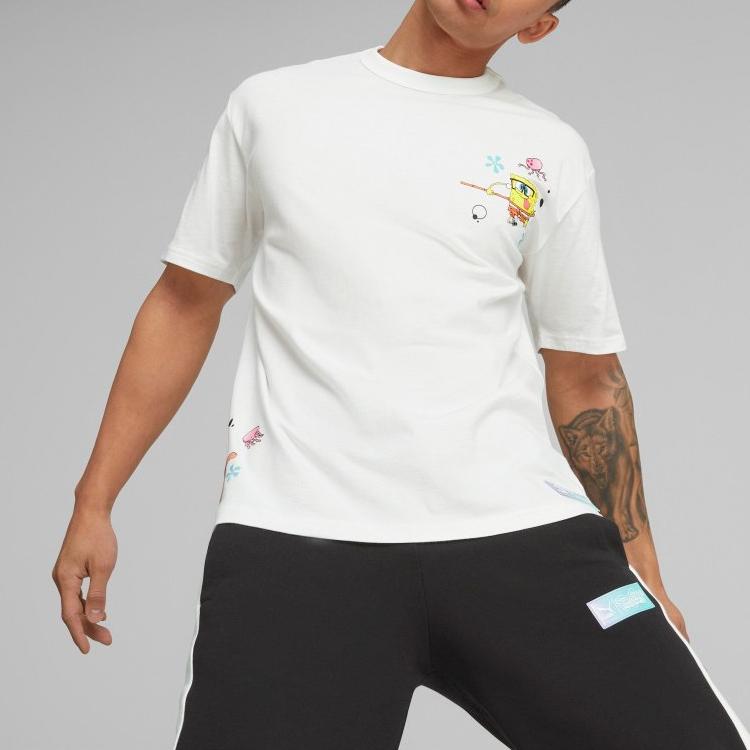 Puma X Tričko s krátkým rukávem s kulatým výstřihem a kresleným potiskem Spongeboba v kalhotách Unisex topy bílé 620691-02
