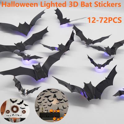 72-12PCS Halloween Bats Decorations 3D Black Bats Wall Stickers Scary Glowing Bat Decor Props Bar Room Halloween Party DIY Decor