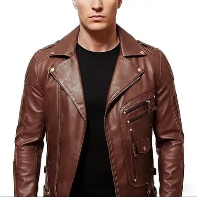 Men Pu Leather Biker Jacket Slim Fit Multi Pocket Zip Turn Down Collar Fashion Outwear