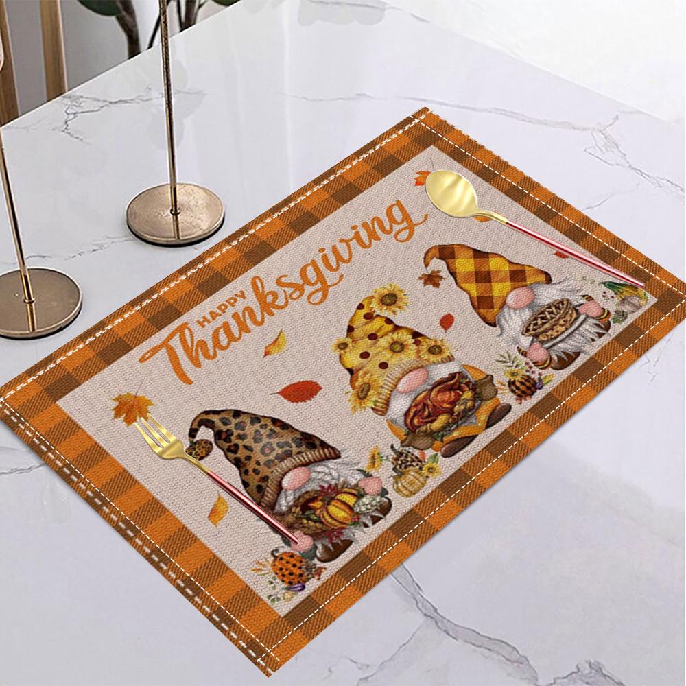 Halloween Fall Autumn Linen Placemat Table Coffee Mat Orange Brown Gnome Pumpkin Maple Leaf Plaid Harvest Happy Decorative