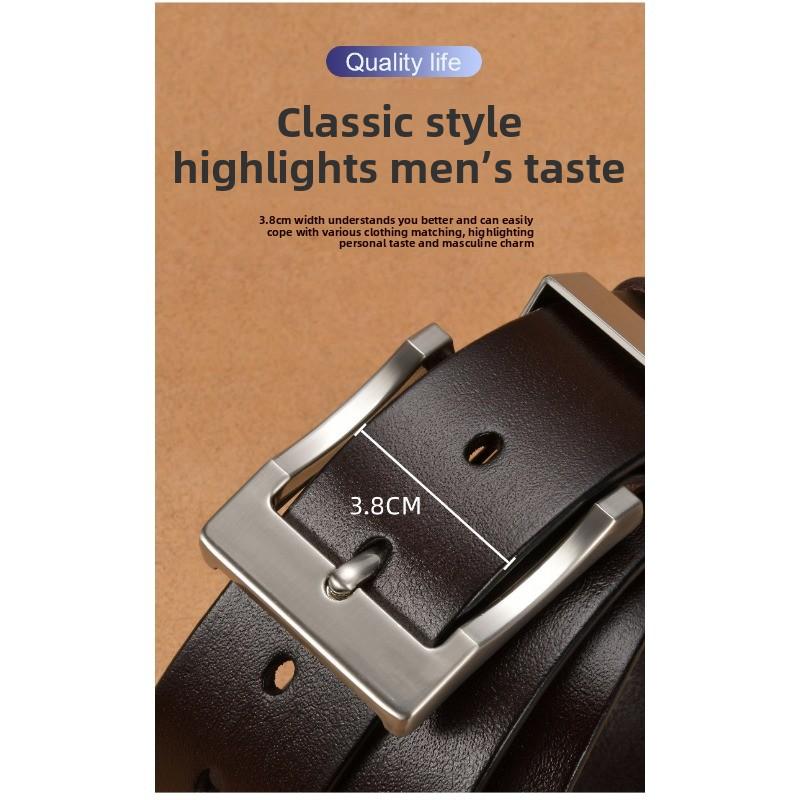 Men's pin buckle leather belt - casual top grain cowhide wide belt for men - simple and stylish waistband for young and middle-aged men