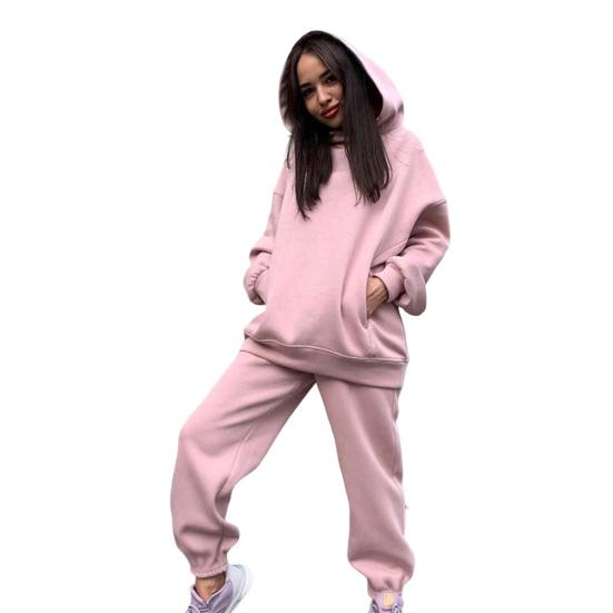 2 Pcs/Set Women Autumn Tracksuit Solid Color Loose Elastic Waist Thick Hooded Keep Warm Pocket Elastic Cuff Deep Crotch Winter