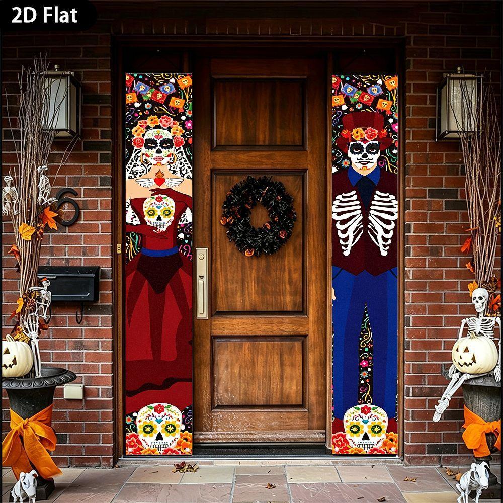 2D Flat, 2D Flat 2pcs Banner, Day of the Dead Sugar Skull Couple Porch Couplet, Mexican Day of the Dead Themed Hanging Cloth, Vintage Costume Skull Fl