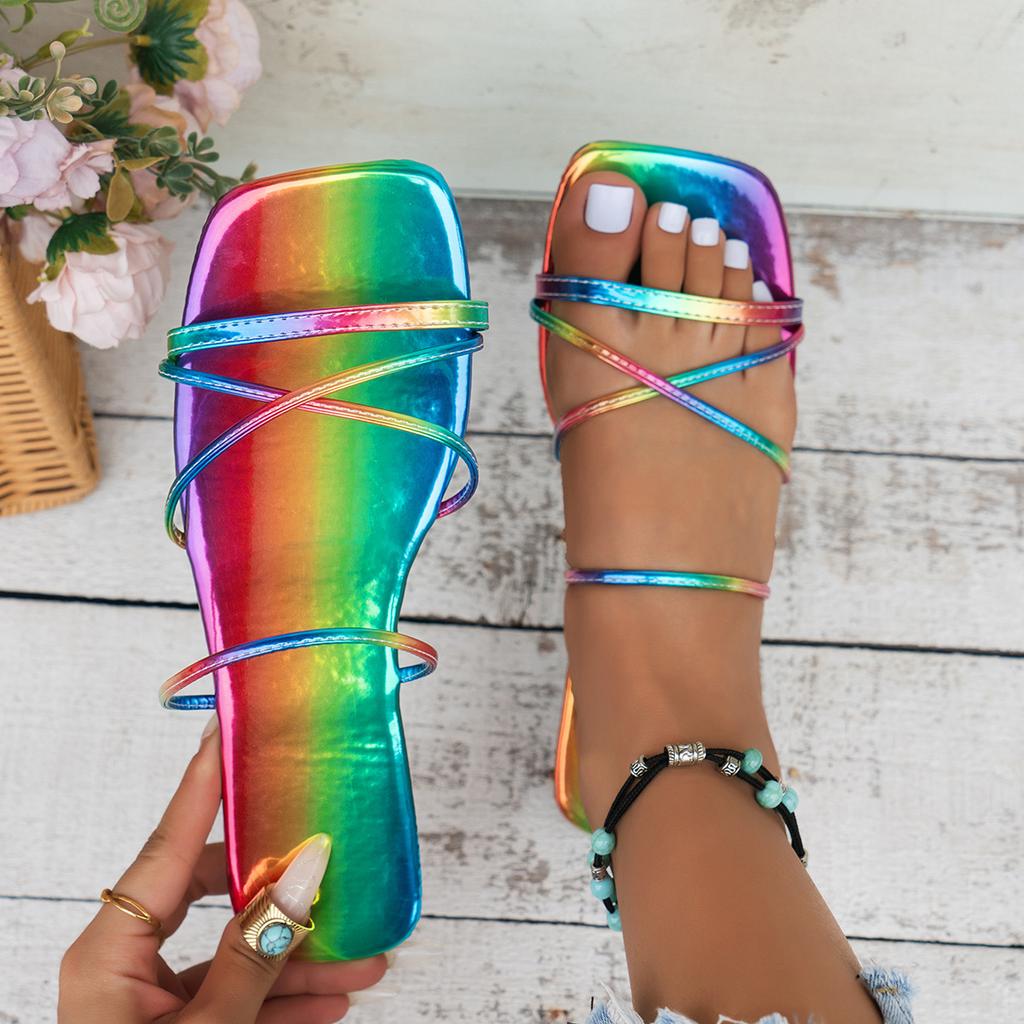 Slippers Women's New Women's Shoes Summer Square Head Colored Cool Slippers Women's One-word Strap Flat Heel Slippers