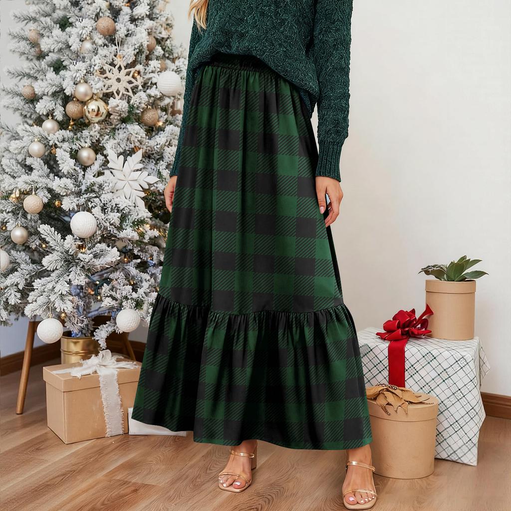 Women's Ruffled Casual Long Skirt Plaid Skirt Retro Pleated Skirt